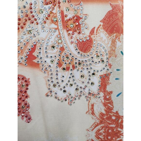 Reba Womens BOHO Tunic Top Small Orange Blue Lace Paisley Rhinestone Long Sleeve - Picture 3 of 9